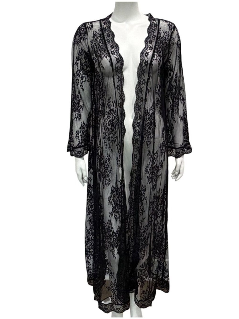Sheer Black Lace Maxi Robe with Tie Closure Scalloped Trim Womens One Size